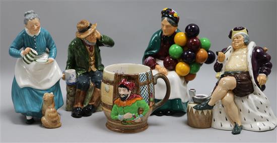 Three Doulton figures and a mug